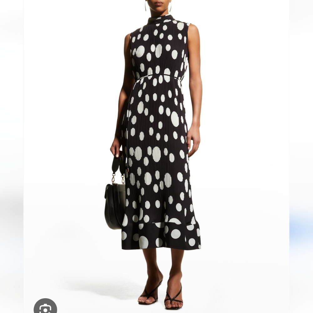 Milly Pleated Polka Dot MIDI Dress, Black/Ecru, Size‎ 8, Cruise, Wedding, Formal